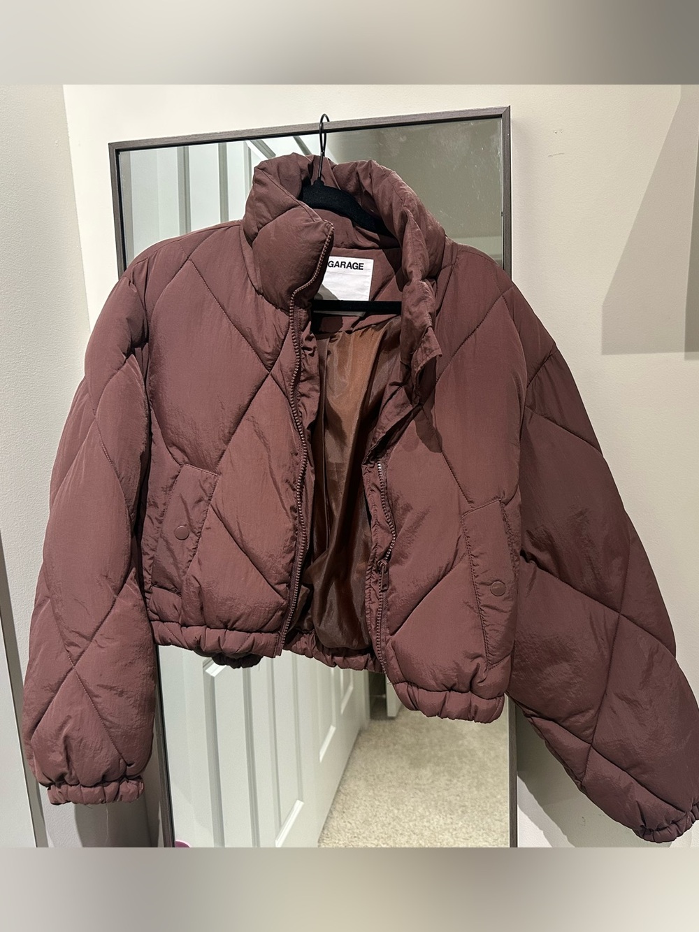 Garage Cropped Quilted Puffer Jacket in Chocolate Brown
